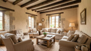 Salon d'une ancienne maison baigné de lumière naturelle, avec des murs beige chaud, des poutres foncées et de la pierre apparente dans une ambiance douce et réaliste.