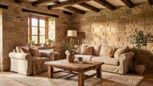Salon chaleureux décoré avec des murs en pierre naturelle, des poutres foncées, un canapé en lin, une table basse en chêne et des accessoires aux tons terreux.