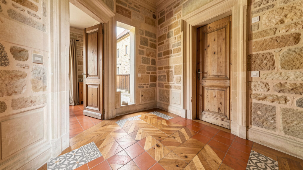 Entrée rénovée d’une maison ancienne présentant un sol chaleureux en terre cuite, parquet en chêne et carreaux de ciment décoratifs.