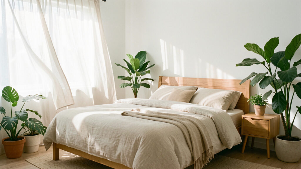 Chambre d’été lumineuse aux tons clairs, avec un lit en linge de lin, des voilages légers et plusieurs plantes vertes.