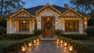 Façade d’une maison décorée avec élégance pour Noël au crépuscule, éclairée par des guirlandes LED blanc chaud, une couronne végétale et des lanternes.