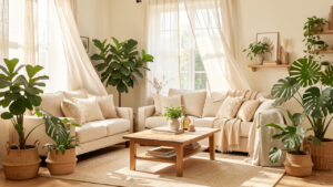 Salon lumineux aux tons clairs en été, agrémenté de plantes vertes, de voilages légers et d’une décoration naturelle.