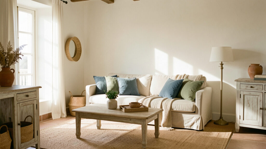 Salon lumineux d'une maison ancienne près de la mer, avec murs blanc crème, canapé en lin écru, coussins bleu grisé et vert sauge, mobilier en bois patiné et décoration éditoriale haut de gamme.
