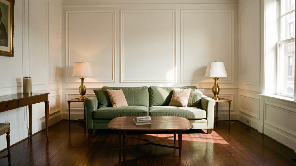 Salon élégant d’une ancienne maison new-yorkaise avec parquet foncé, moulures blanches, canapé vert sauge et lampes en laiton symétriques, baigné par une douce lumière de fin d’après-midi.