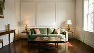 Salon élégant d’une ancienne maison new-yorkaise avec parquet foncé, moulures blanches, canapé vert sauge et lampes en laiton symétriques, baigné par une douce lumière de fin d’après-midi.